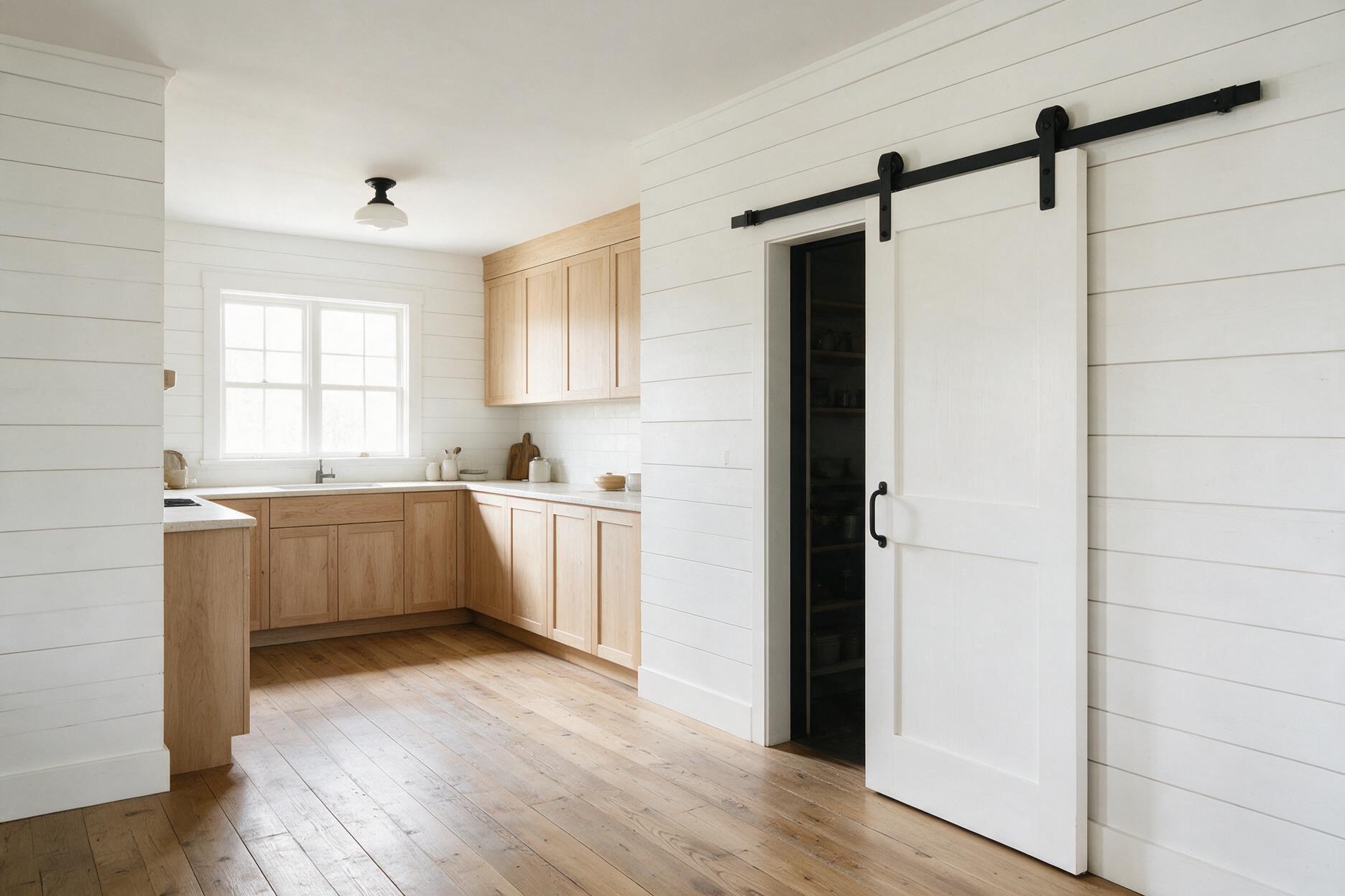 modern farmhouse kitchen with a flat-panel white barn door